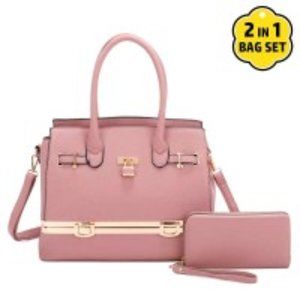NEW Fashion Tote with Matching Wristlet- 2 Pc Set - Bottom Compartment - Pink